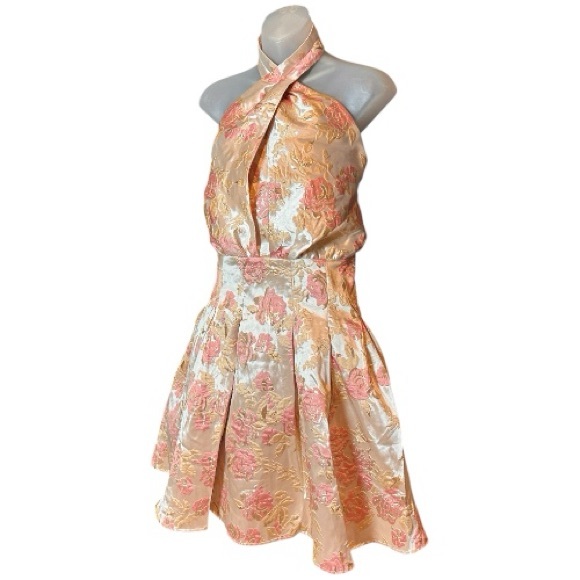 ASOS LUXE Curve Halter Swing Dress Size 18 Metallic Pink Gold Jacquard Floral - Picture 4 of 10